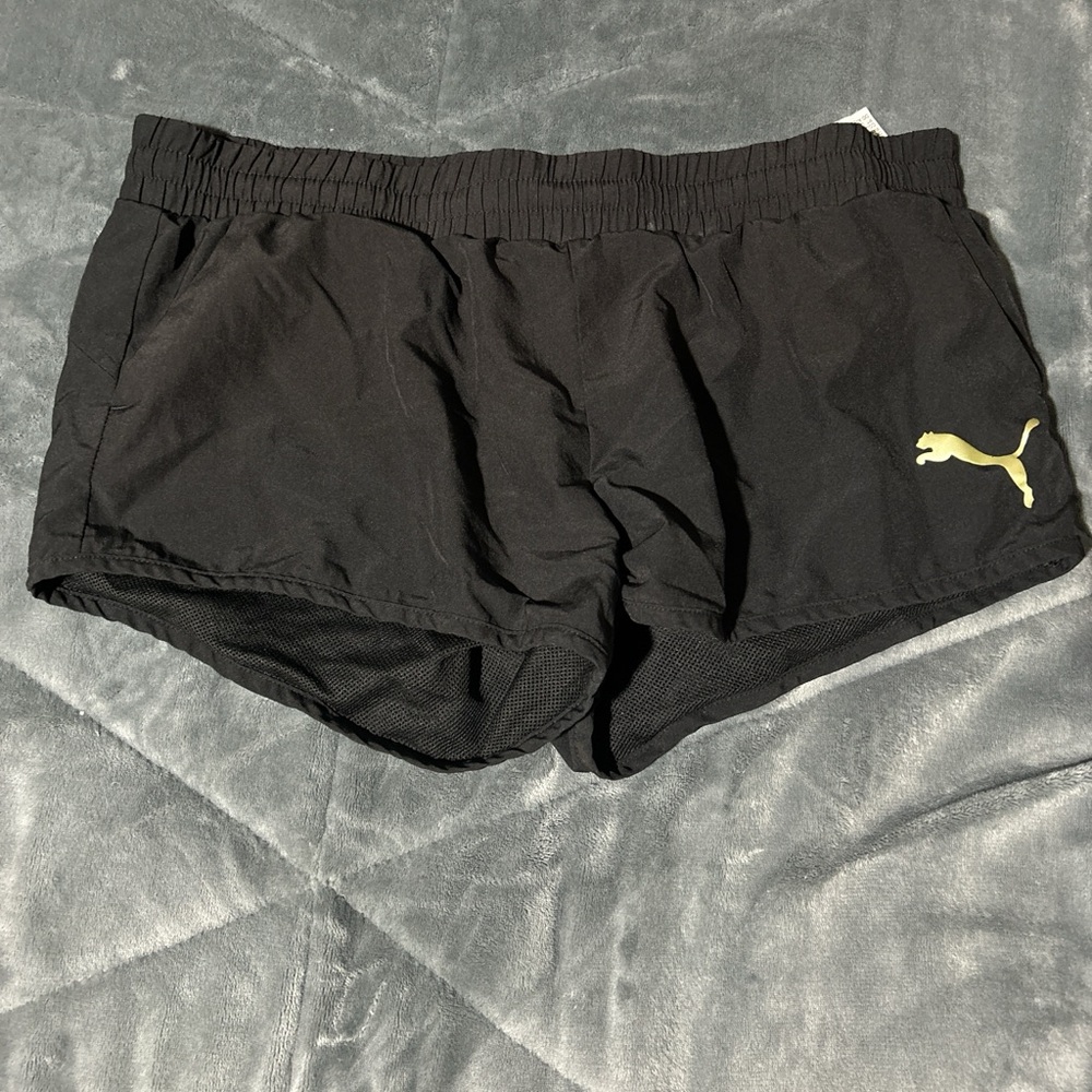 Puma Black Athletic Running Shorts with Gold Logo